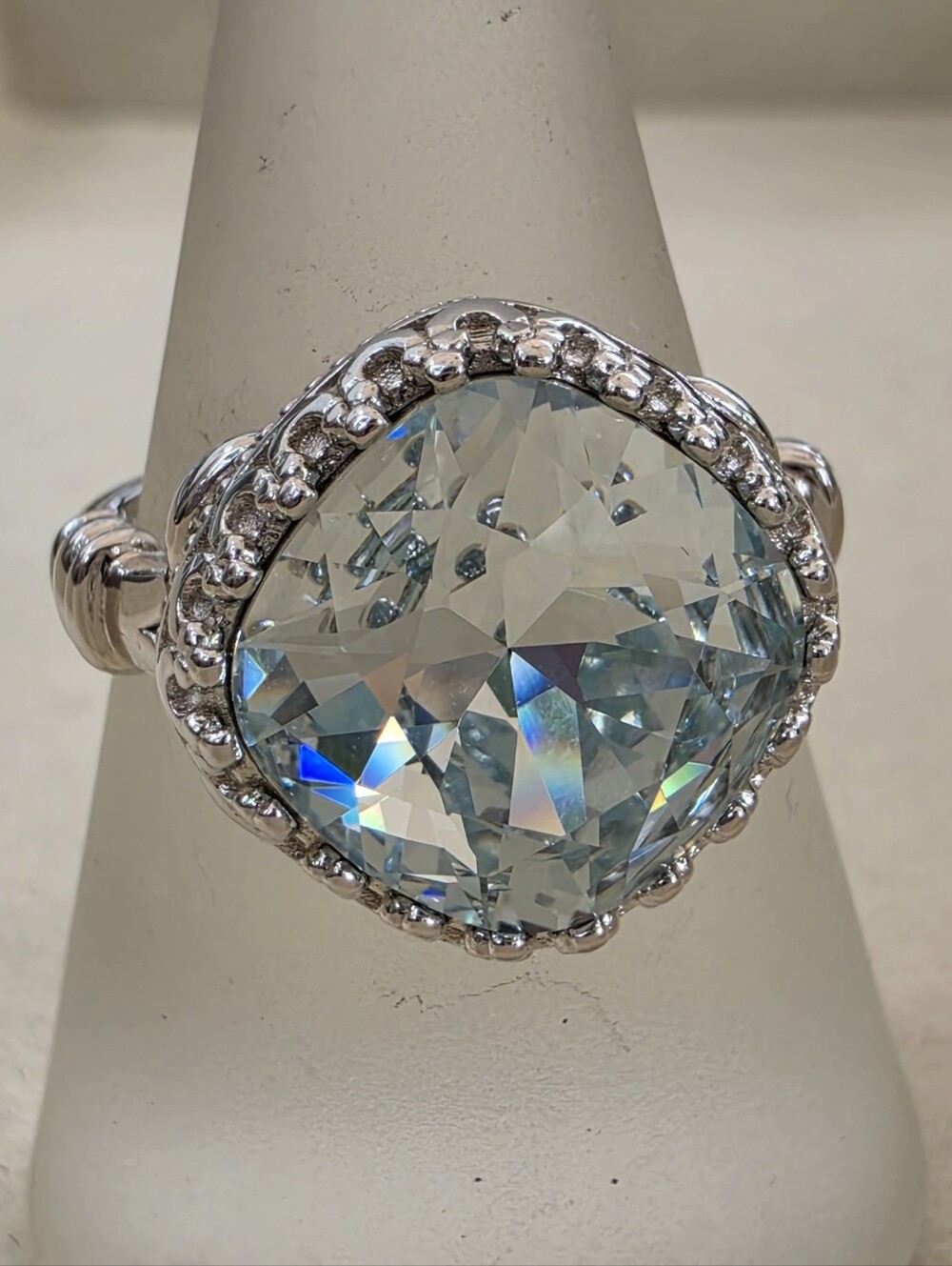 Sterling Silver Ring with Light Blue Cushion Crystal • 5.16g